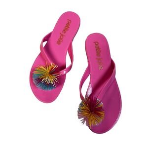 Petite Jolie Jelly Flip Flop Sandals Neon Pink Multi Color Pom Poms SZ 9.5